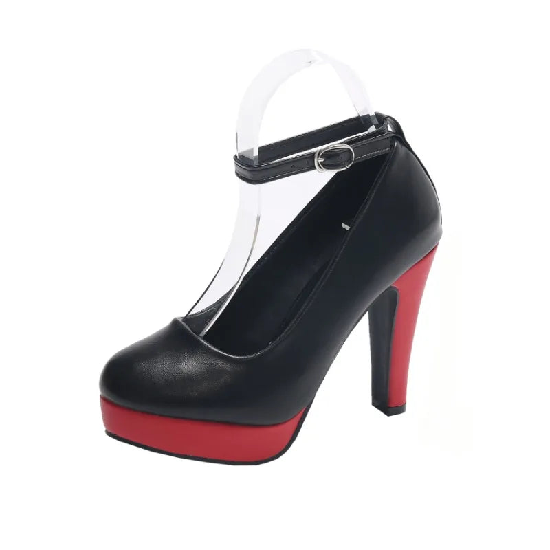 Large Size 42 Sexy High Heels Shoes Ankle Buckle Chunky Platform Pumps