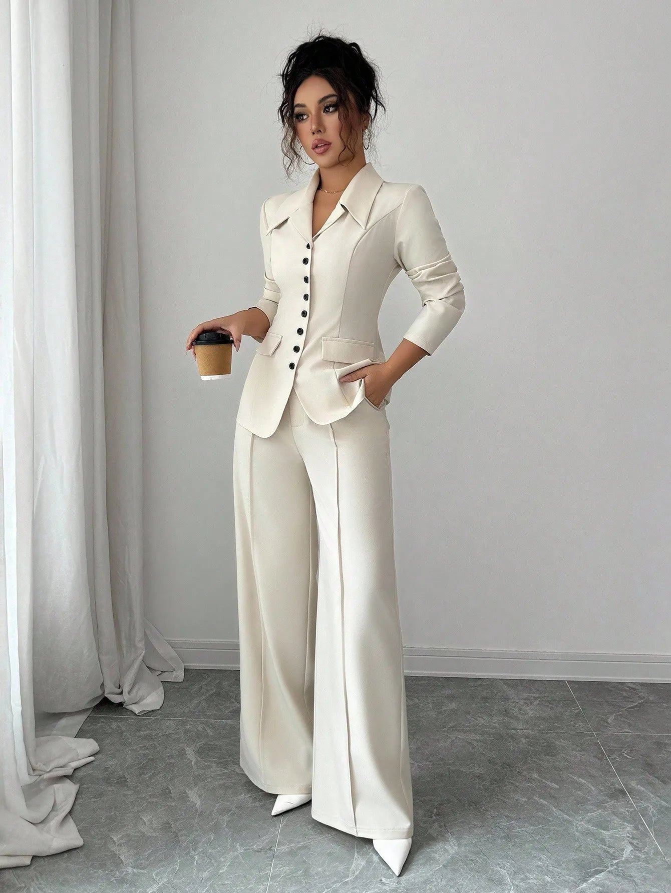 Cream Solid Color Tailored Blazer & Wide Leg Pants 2-Piece Set, V-Neck, Contrast Buttons,