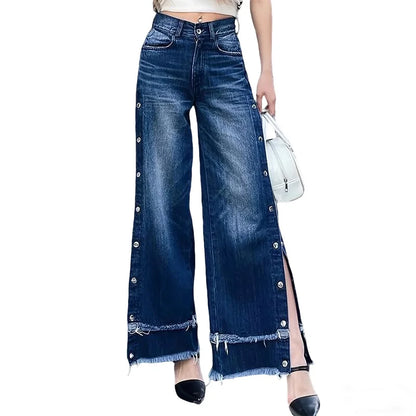 Women's casual wide-leg jeans, mid-rise, fashionable adjustable side buttons, double-layer frayed hem