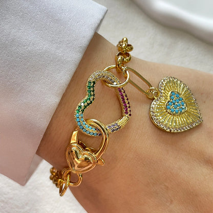 1 PC gold colorful diamond oval buckle bracelet, paired with gold Heart shaped pendant bracelet