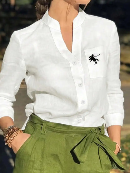 Women's White Linen Blend Button-Up Blouse with V-Neck and Chest Pocket