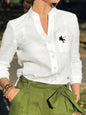 Women's White Linen Blend Button-Up Blouse with V-Neck and Chest Pocket