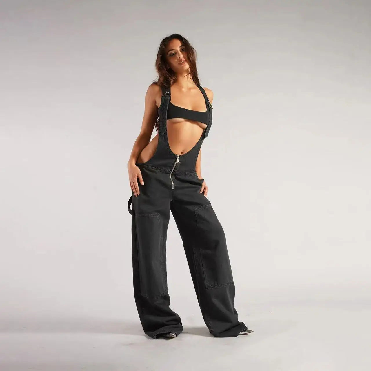 Low Waist shoulder Strap Wide Leg Jeans Low Rise Cargo Trousers with Straps