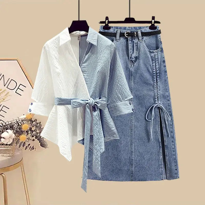 Women's Summer New Casual Spliced Half Sleeved Shirt+Sexy Split Denim Skirt Two Piece French Vintage Cardigan+Dress Matching Set