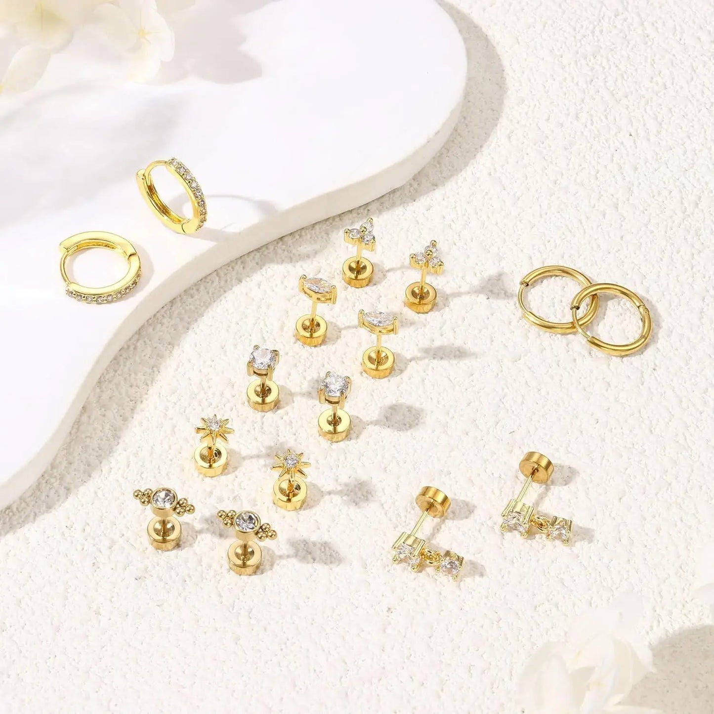 8 Pairs 20G Hypoallergenic Flat Back Stud,and Hoop Earrings