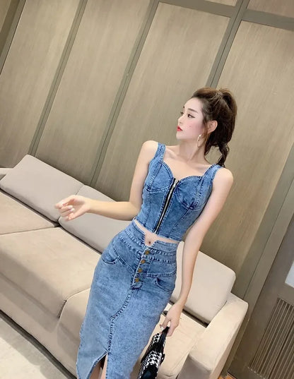 denim 2 piece outfits summer top and skirt