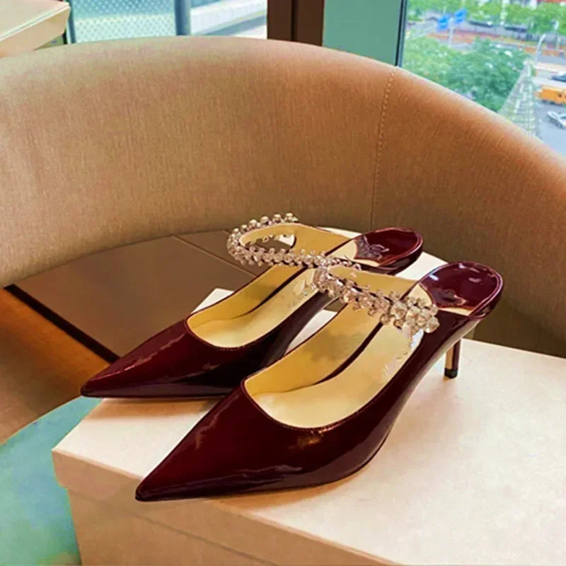 2025 New Fashionable Fine Heeled Muller Shoes with Pointed Water Diamond Chain Banquet