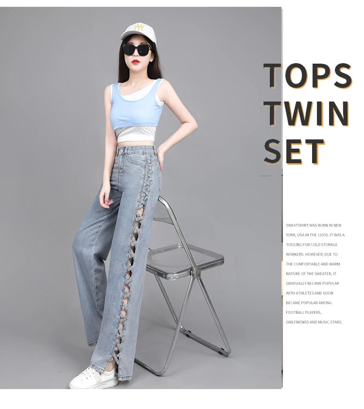 Hollow Wide Leg Jeans Casual Design Slimming High Waist