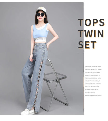 Hollow Wide Leg Jeans Casual Design Slimming High Waist