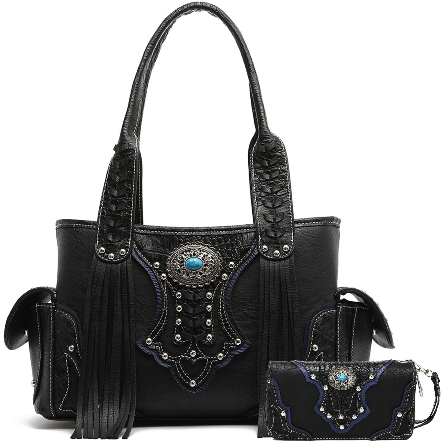 Western Style Cowgirl Woven Fringe Crocodile Gorgeous Purse Conchos Women Handbag Shoulder Bags Wallet Set