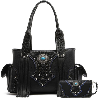 Western Style Cowgirl Woven Fringe Crocodile Gorgeous Purse Conchos Women Handbag Shoulder Bags Wallet Set