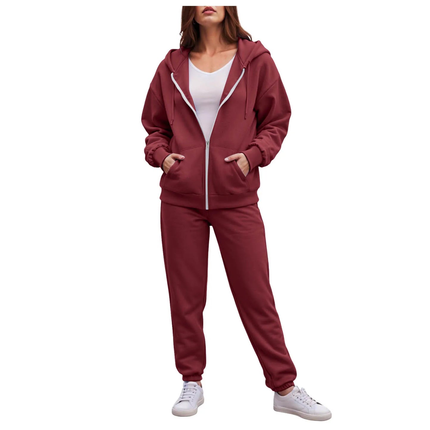 Women Long Sleeve Solid Color Hooded Sweatshirt and Pant