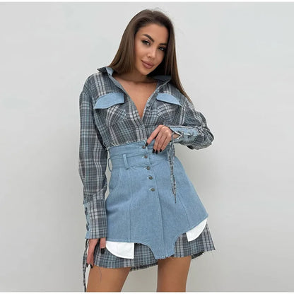 Lapel Color Blocked Shirt Waist Cinching Irregular Hem Short Skirt Set Woman Loose Long Plaid Shirt Patchwork Women Denim Suits