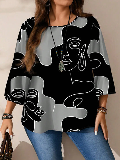 Loose Fit Round Neck 3/4 Sleeve Blouse with Abstract Face Print for Women