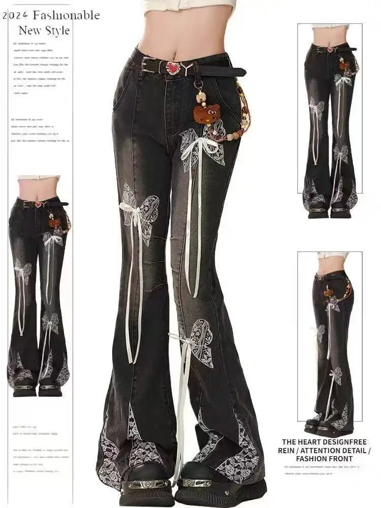 Retro Printed Bell Bottoms Street Mounted Navel Slim Jeans