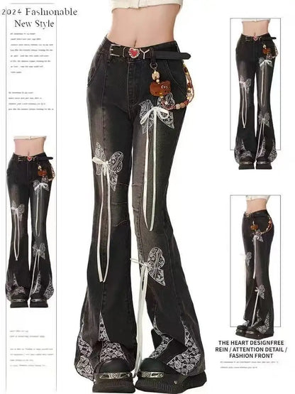Retro Printed Bell Bottoms Street Mounted Navel Slim Jeans