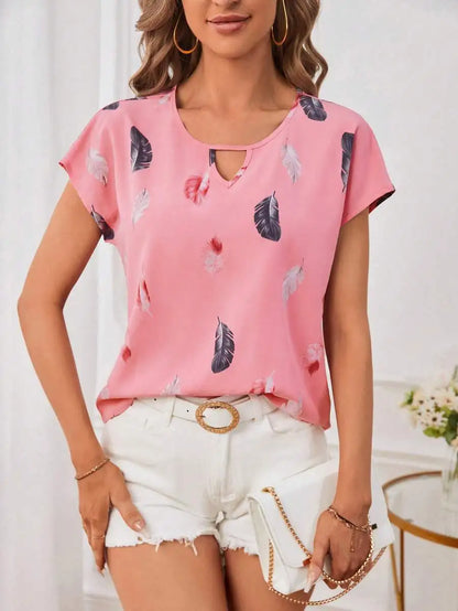 Women's Loose Feather Print Keyhole Neck Blouse, Summer Casual Top