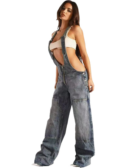 Low Waist shoulder Strap Wide Leg Jeans Low Rise Cargo Trousers with Straps