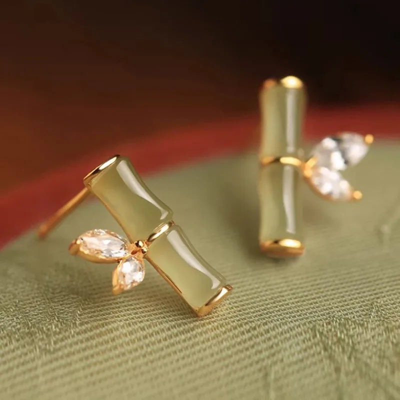 Vintage Ethnic Style Imitation Jade Bamboo Crystal Stud Earrings