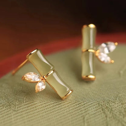 Vintage Ethnic Style Imitation Jade Bamboo Crystal Stud Earrings