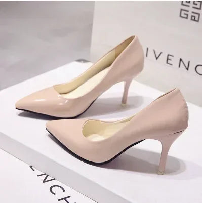 Nude Pumps Patent Leather Sexy Pointed Toe Thin Heel