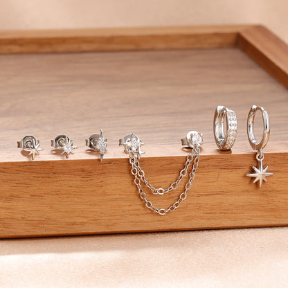 6PCS Fashion Cute Zircon Flower Ear Stud 18K Gold Plated Star Ear Stud Earrings