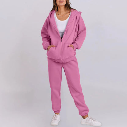 Women Long Sleeve Solid Color Hooded Sweatshirt and Pant