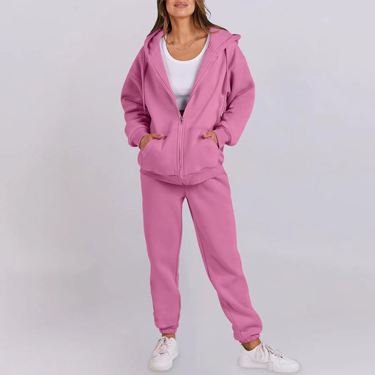 Women Long Sleeve Solid Color Hooded Sweatshirt and Pant
