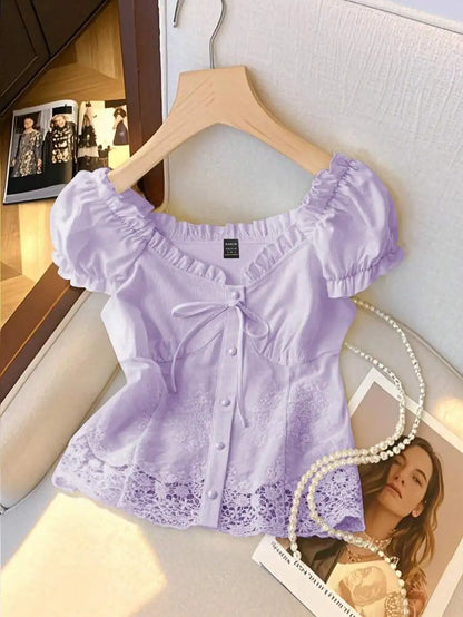 Women's Off-Shoulder Ruffled Lace Trim Cropped Blouse with Pearl Buttons