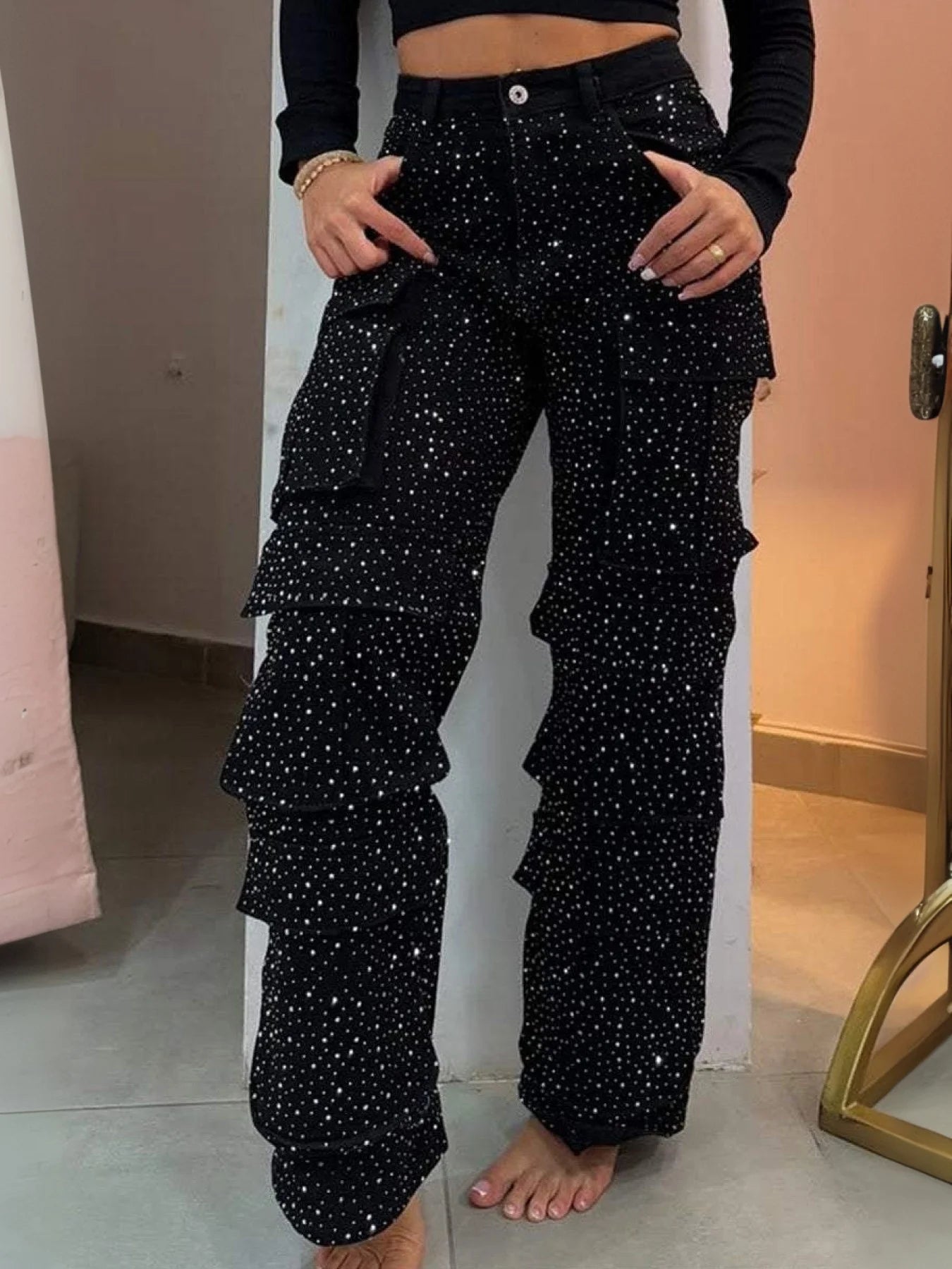 High Waist Black Rhinestone Multi-Pocket Jeans,