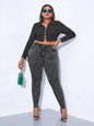Plus size women's skinny jeans, grey, snowflake-patterned, frayed edges, high-stretch pencil pants