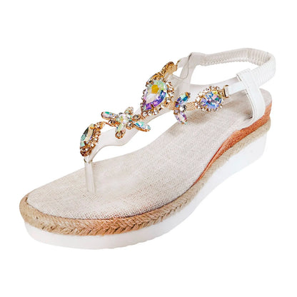 Womens Sandals Bohemian Rhinestone Wedge Heel Thick Sole Comfortable Sandals