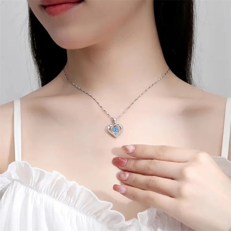 925 Sterling Silver Heart Shaped Necklace Bracelet Set Blue Crystal Bracelets
