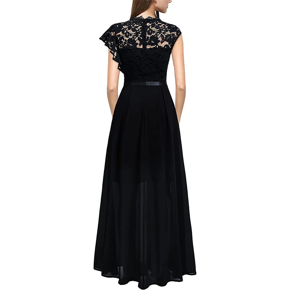 Elegant Women Sleeveless Long Evening Dress With Belt Slit Ruffles