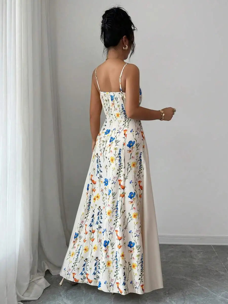 Elegant Cream Floral Print Sleeveless Maxi Dress for Spring Summer