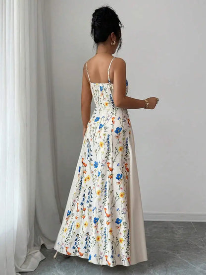 Elegant Cream Floral Print Sleeveless Maxi Dress for Spring Summer