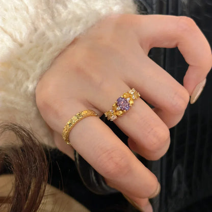 Medieval-Style Bauhinia Tulip Purple Zircon Ring for Women,