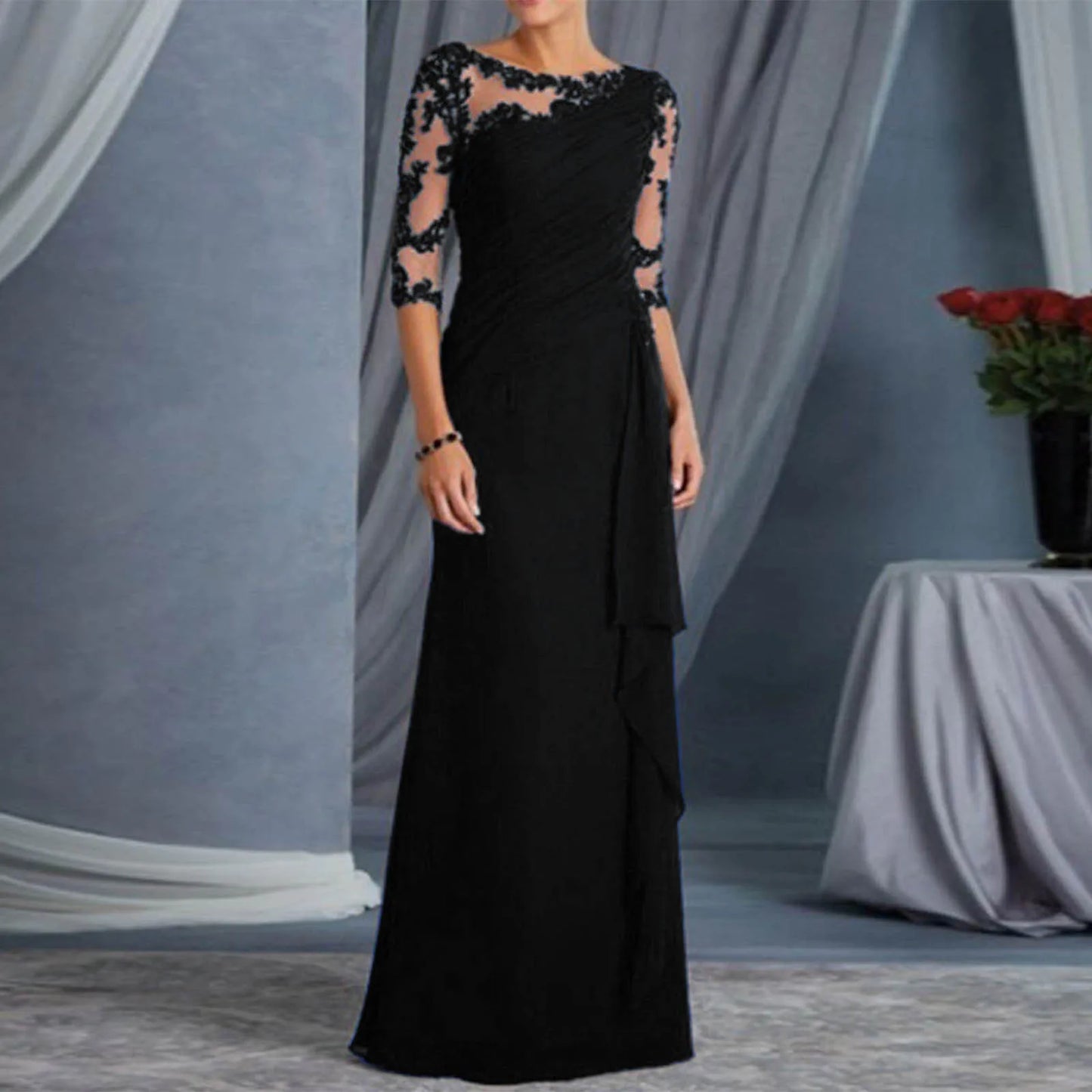 Women Elegant Lace Long Dress Sexy See Through Round Neck Mid Sleeve Dress Solid Color