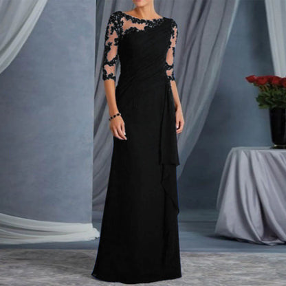Women Elegant Lace Long Dress Sexy See Through Round Neck Mid Sleeve Dress Solid Color