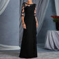 Women Elegant Lace Long Dress Sexy See Through Round Neck Mid Sleeve Dress Solid Color