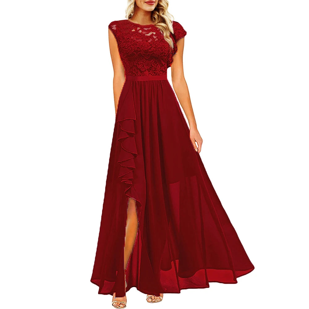 Elegant Women Sleeveless Long Evening Dress With Belt Slit Ruffles