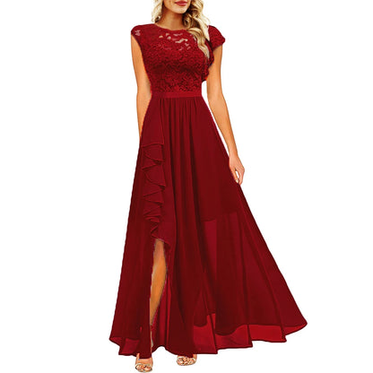 Elegant Women Sleeveless Long Evening Dress With Belt Slit Ruffles