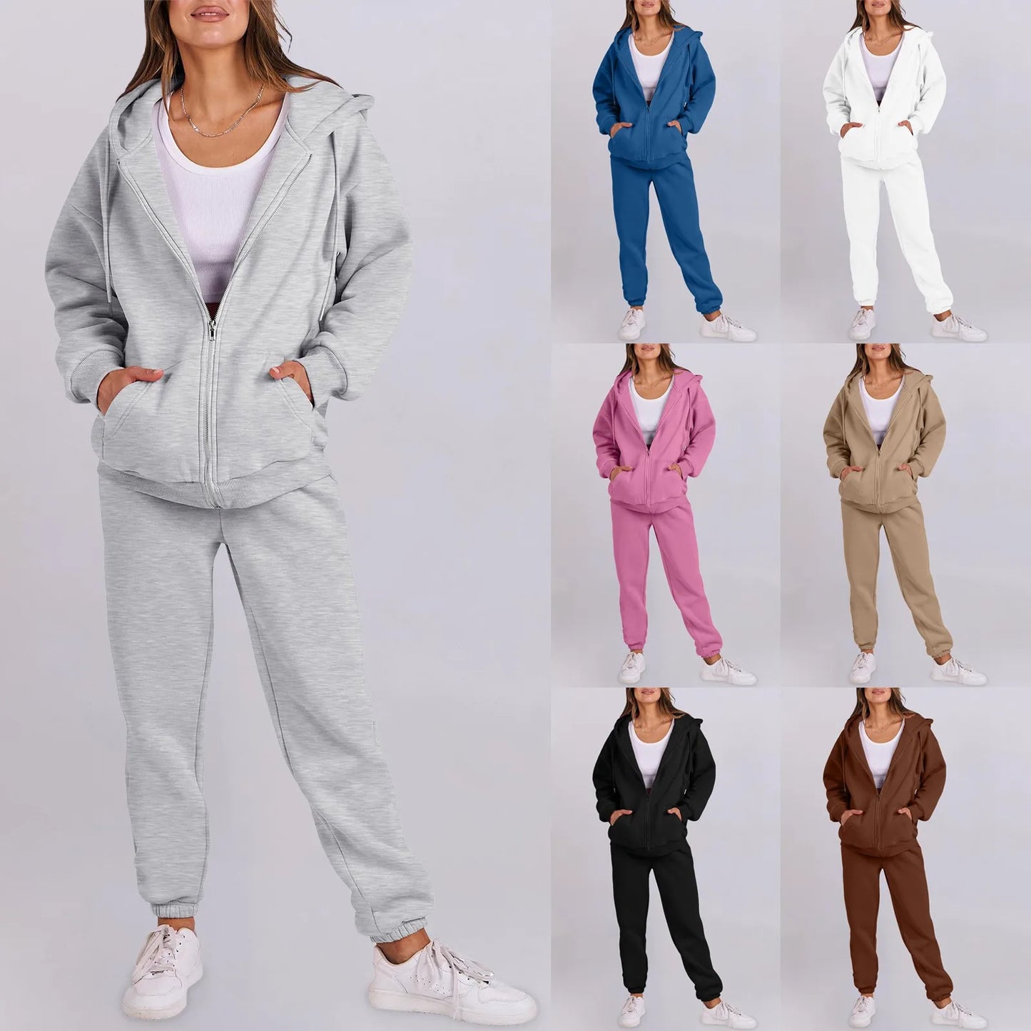 Women Long Sleeve Solid Color Hooded Sweatshirt and Pant