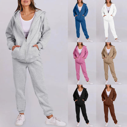 Women Long Sleeve Solid Color Hooded Sweatshirt and Pant