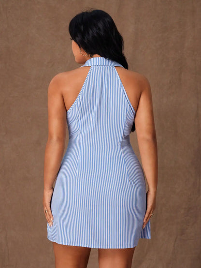 Plus Size Sleeveless Striped Button-Front Shirt Dress with Collar - Casual A-Line Mini Dress