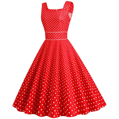 Women Vintage 1950s Retro Dress Sleeveless Dot Print Square Neck Waist In A-Line