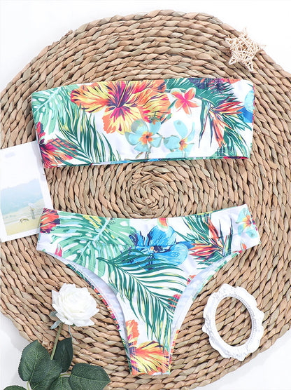 New Pink Leaves Printed Low Waist Two Pieces Bikini Set