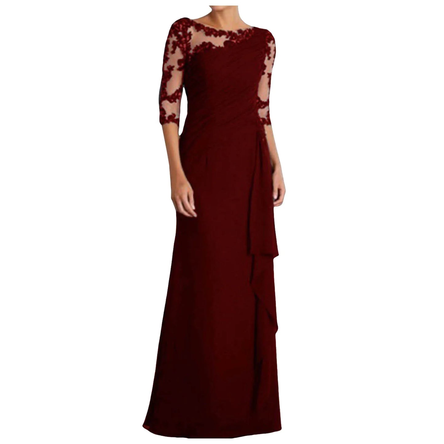 Women Elegant Lace Long Dress Sexy See Through Round Neck Mid Sleeve Dress Solid Color