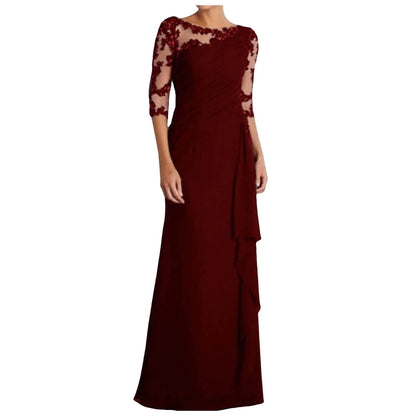 Women Elegant Lace Long Dress Sexy See Through Round Neck Mid Sleeve Dress Solid Color