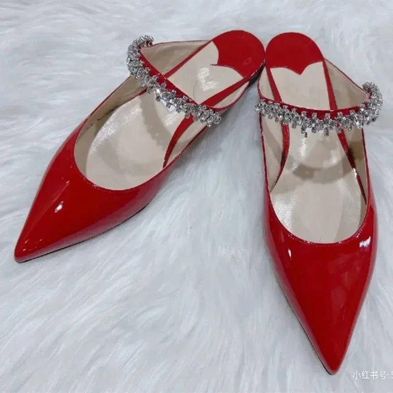 2025 New Fashionable Fine Heeled Muller Shoes with Pointed Water Diamond Chain Banquet
